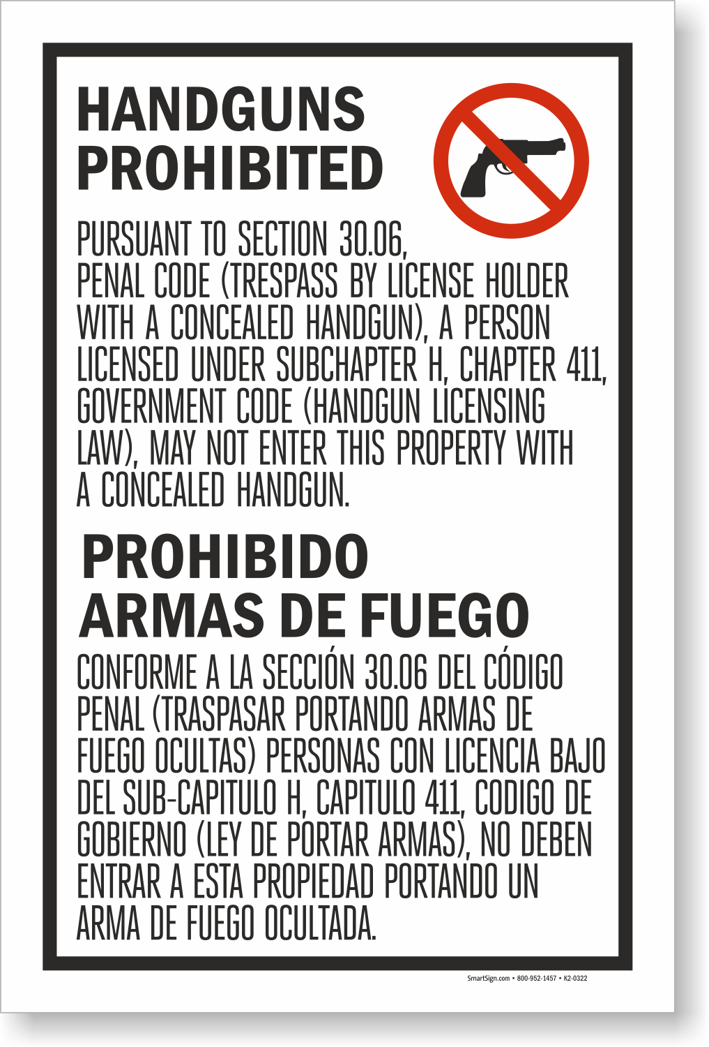 Section 30.06 No Concealed Carry Bilingual Sign Insert, SKU K20322