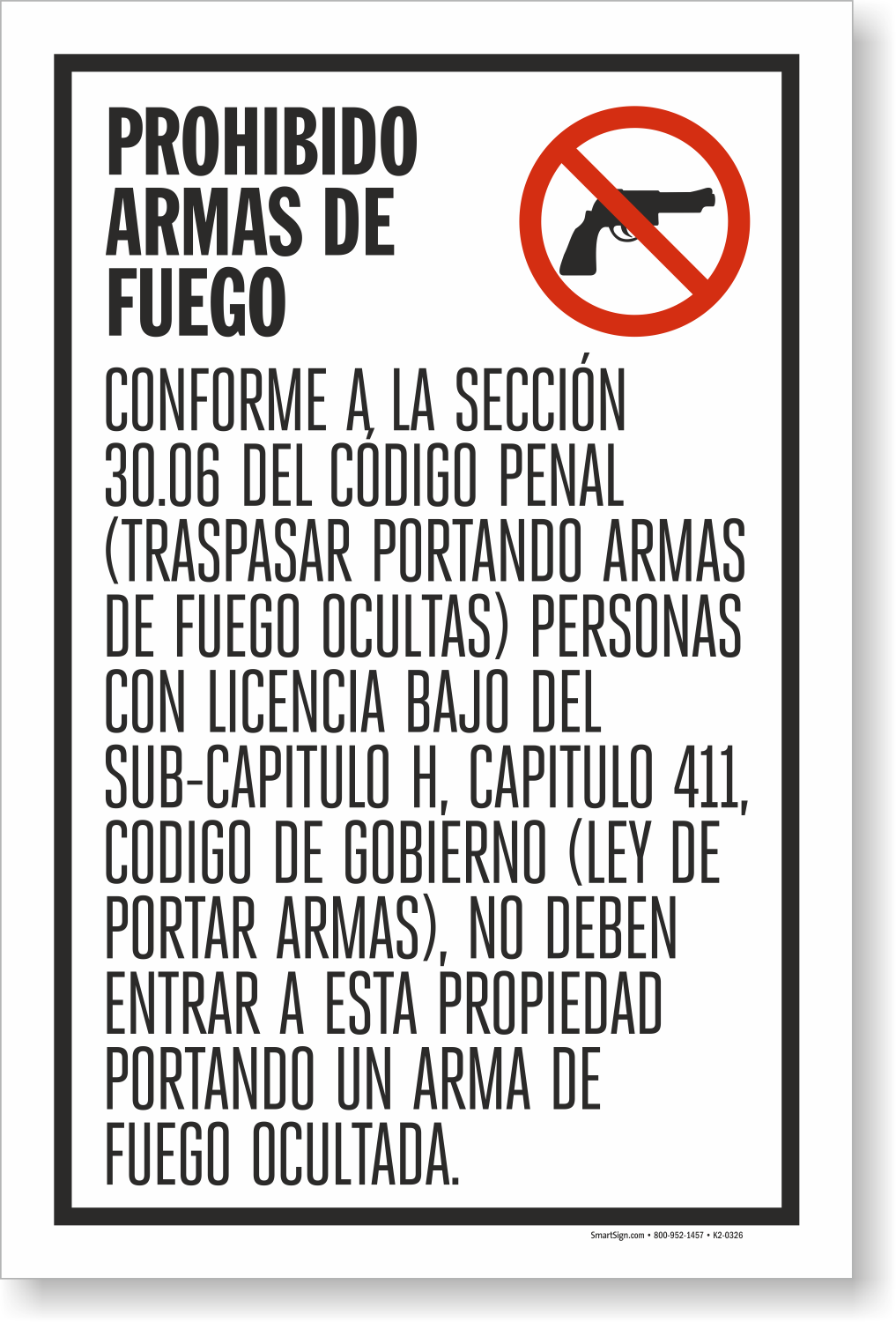 Section 30.06 No Concealed Carry Spanish Sign Insert, SKU K20326