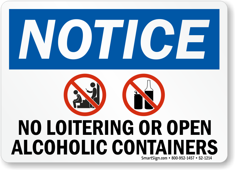 Notice No Loitering Or Open Alcoholic Containers Sign Sku S2 1214