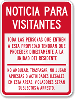 Spanish Notice For Visitors Sign