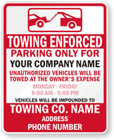 Custom Towing Enforced Sign  Reserved Parking Sign