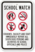 School Watch, Report Suspicious Activities Sign (with Graphic)