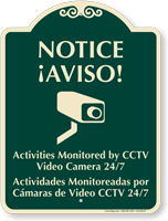 Bilingual Activities Monitored By CCTV Video Camera Sign