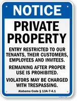 Entry Restricted Alabama Private Property Sign