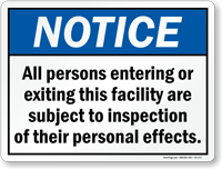 All Persons Are Subject To Inspection Sign
