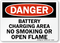 Danger Battery Charging Smoking Flame Sign