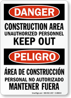 Construction Area Unauthorized Personnel, Keep Out Bilingual Sign