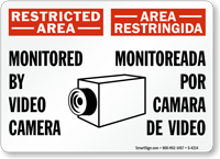 Bilingual Restricted Area Monitored By Video Camera Sign