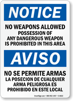Bilingual Posession Of Any Dangerous Weapon Prohibited Sign