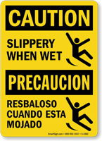 Caution Slippery When Wet Bilingual Sign