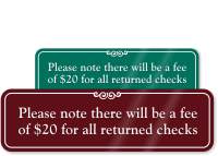 Fee Of $20 For Returned Checks Signs