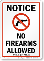 North Carolina Firearms And Weapons Law Sign