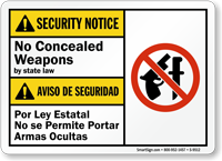 No Concealed Weapons by State Law Bilingual Sign