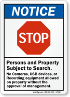 Stop Persons Property Subject To Search Notice Sign