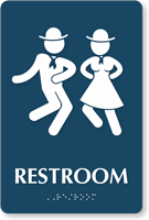 Restroom Braille Sign with Dancing Man Woman Graphic