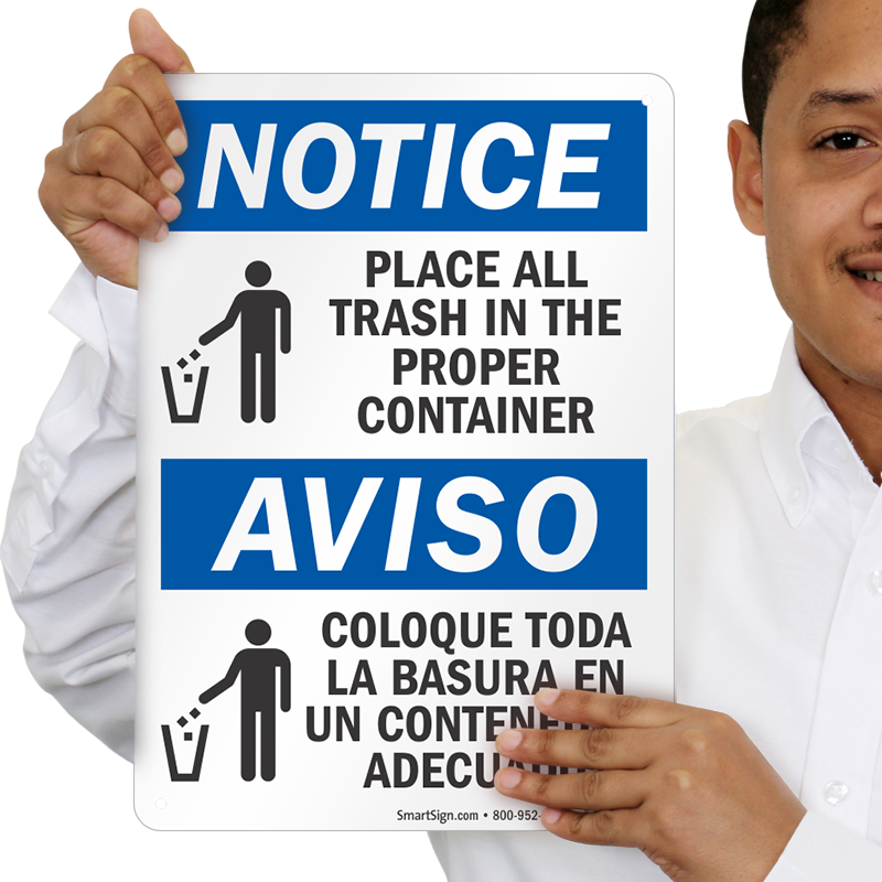 Bilingual Attention Put Garbage Bags in Garbage Bins Sign, SKU: K-0808