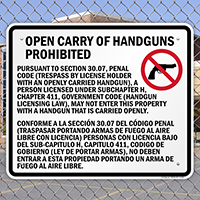 Bilingual Open Carry Of Handguns Prohibited Sign for Texas State (Section 30.07)