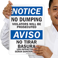 Bilingual No Dumping Violators Will Be Prosecuted Sign
