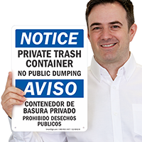 Bilingual Private Trash Container, No Public Dumping Sign