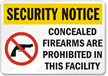 Security Notice Concealed Firearms Prohibited Sign