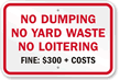 No Dumping, No Yard Waste, No Loitering Sign