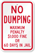No Dumping Maximum Penalty $1,000 Fine Sign