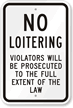 No Loitering, Violators Will Be Prosecuted Sign