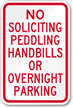 No Soliciting Peddling Overnight Parking Sign