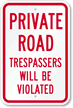 Private Road - Trespassers Will Be Violated Sign