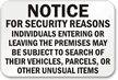 Subject To Search Of Vehicles, Parcels Sign