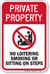 No Loitering Smoking Sitting, Private Property Sign