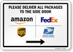 Please Deliver All Packages to the Side Door Arrow Sign