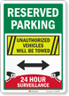 Reserved Parking Vehicles Towed 24 Hour Surveillance Sign