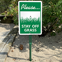 Warning sign for grass area with stake included