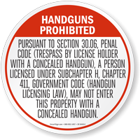 Handguns Prohibited Floor Sign For Texas
